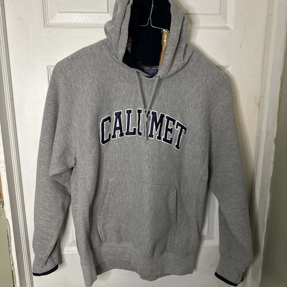 Calumet Hooded Sweatshirt Gray With blue Lettering And Trim MV Sports Pro Weave